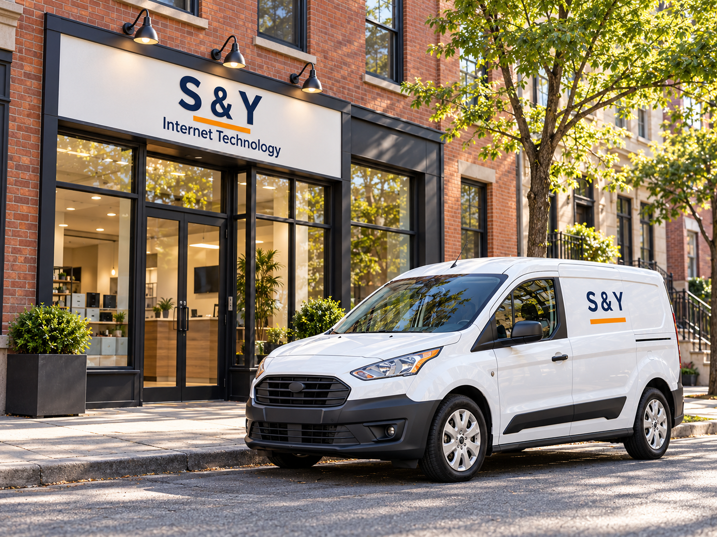 Illustration of an S & Y service van outside a technology service storefront.